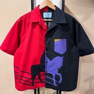 Prada Double Match FW20 Black Purple Red Horse Bowling Shirt